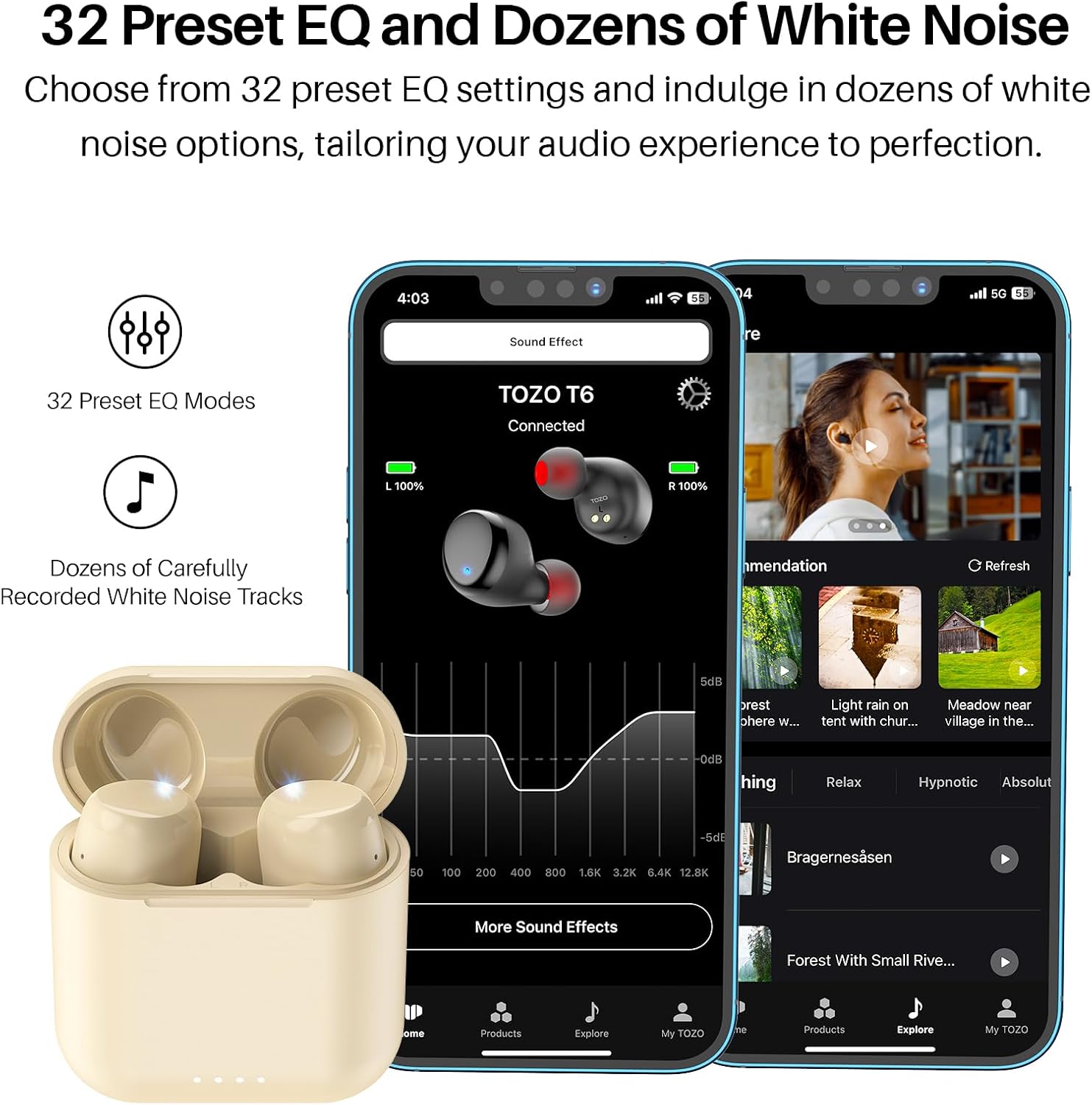 True Wireless Earbuds Bluetooth 5.3 Deep Bass IPX8 Touch Control TOZO T6