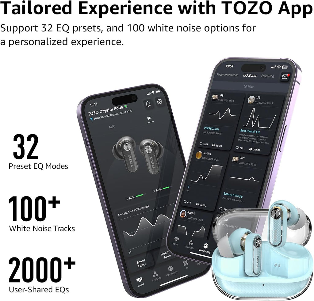 Hybrid Active Noise Cancelling Wireless Earbuds 35H Playtime IPX5 TOZO