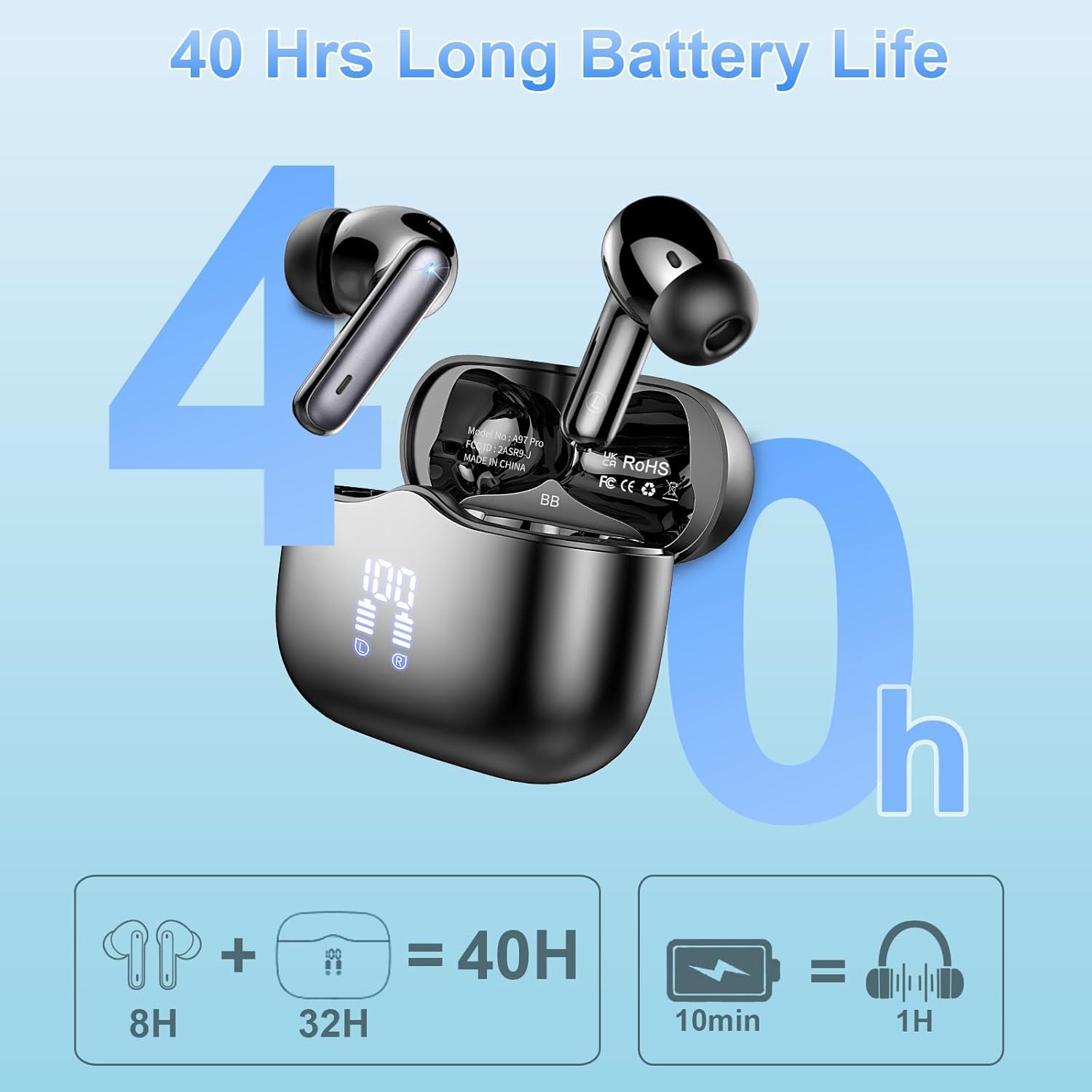 Wireless Earbuds Bluetooth 5.3 ENC Mic 40H Playtime Deep Bass IP7 Waterproof
