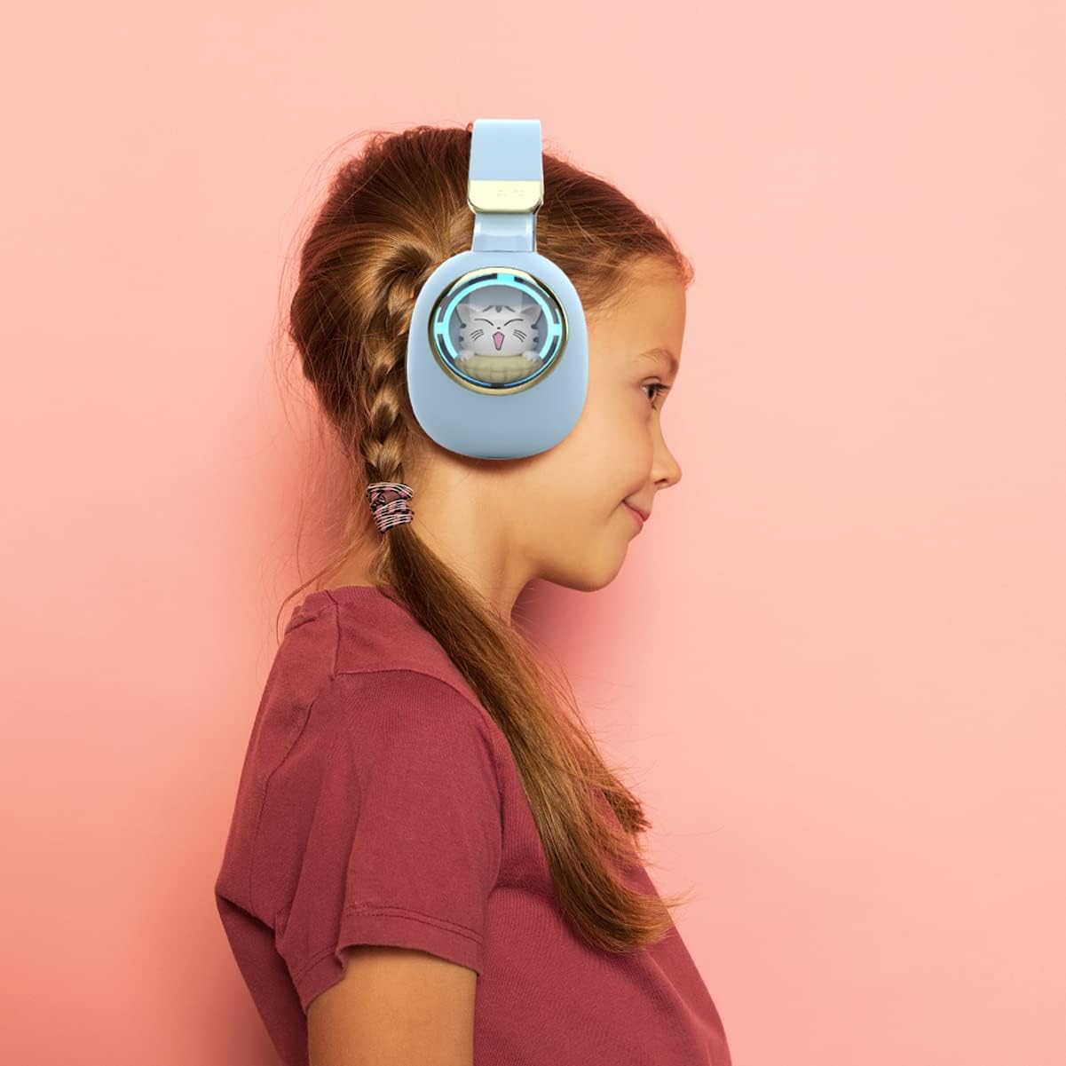 Kids Headphones Cat Ear Pink Wireless Bluetooth Foldable Mic Light Up