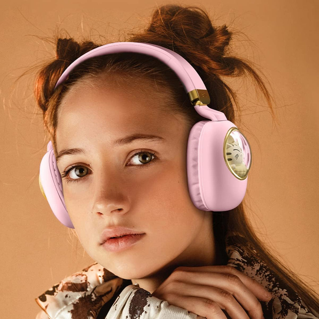 Kids Headphones Cat Ear Pink Wireless Bluetooth Foldable Mic Light Up