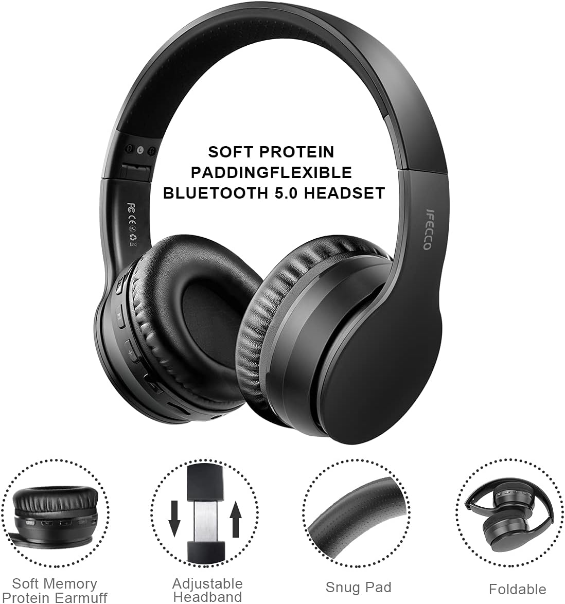 Headphones Wireless Over-Ear Bluetooth 30 Hours Playtime Built-in Mic IFECCO
