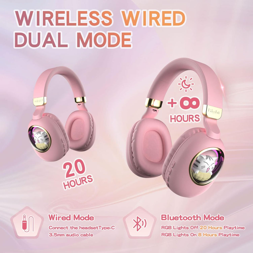 Kids Headphones Cat Ear Pink Wireless Bluetooth Foldable Mic Light Up