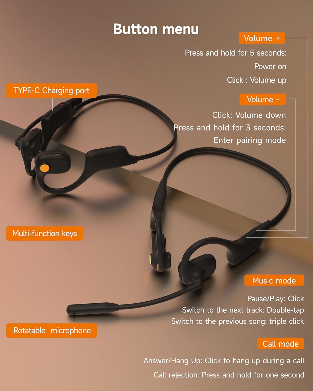 LOBKIN Open-Ear Headphones Wireless Headset with Mic Noise Cancelling Black