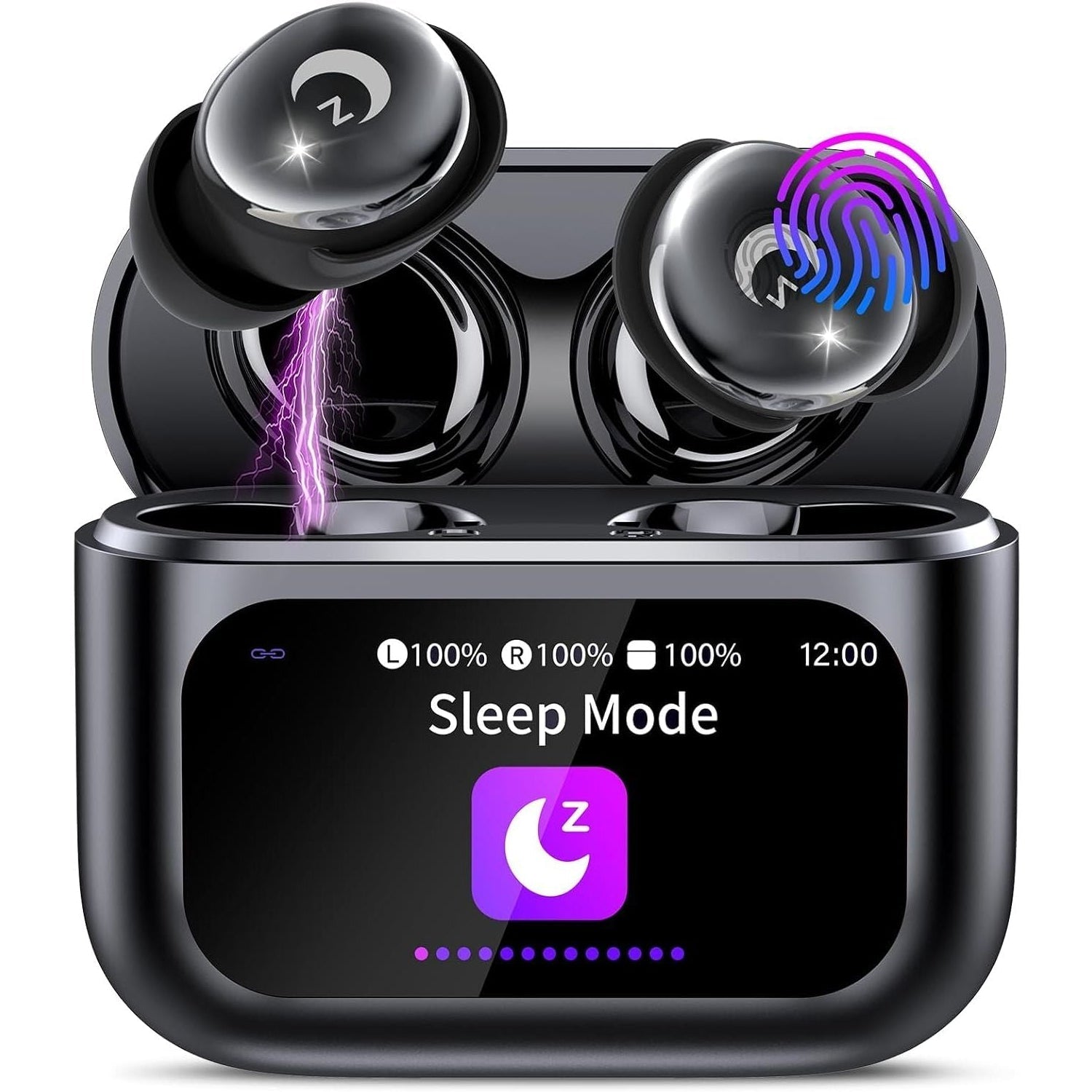 Black wireless earbuds with a charging case displaying 'Sleep Mode' on a white background.