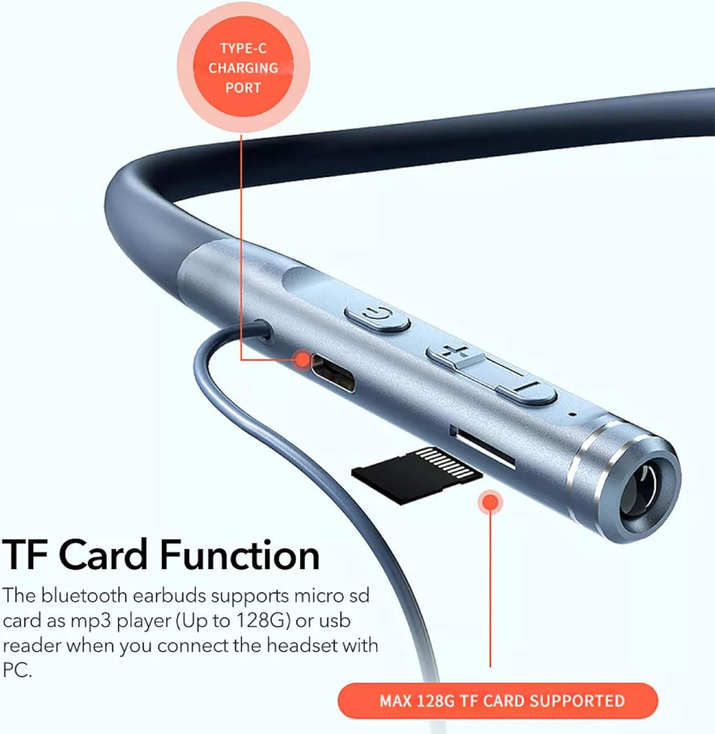 Wireless Neckband Earphones, Bluetooth 5.2, 120h Battery, TF Card Flashlight