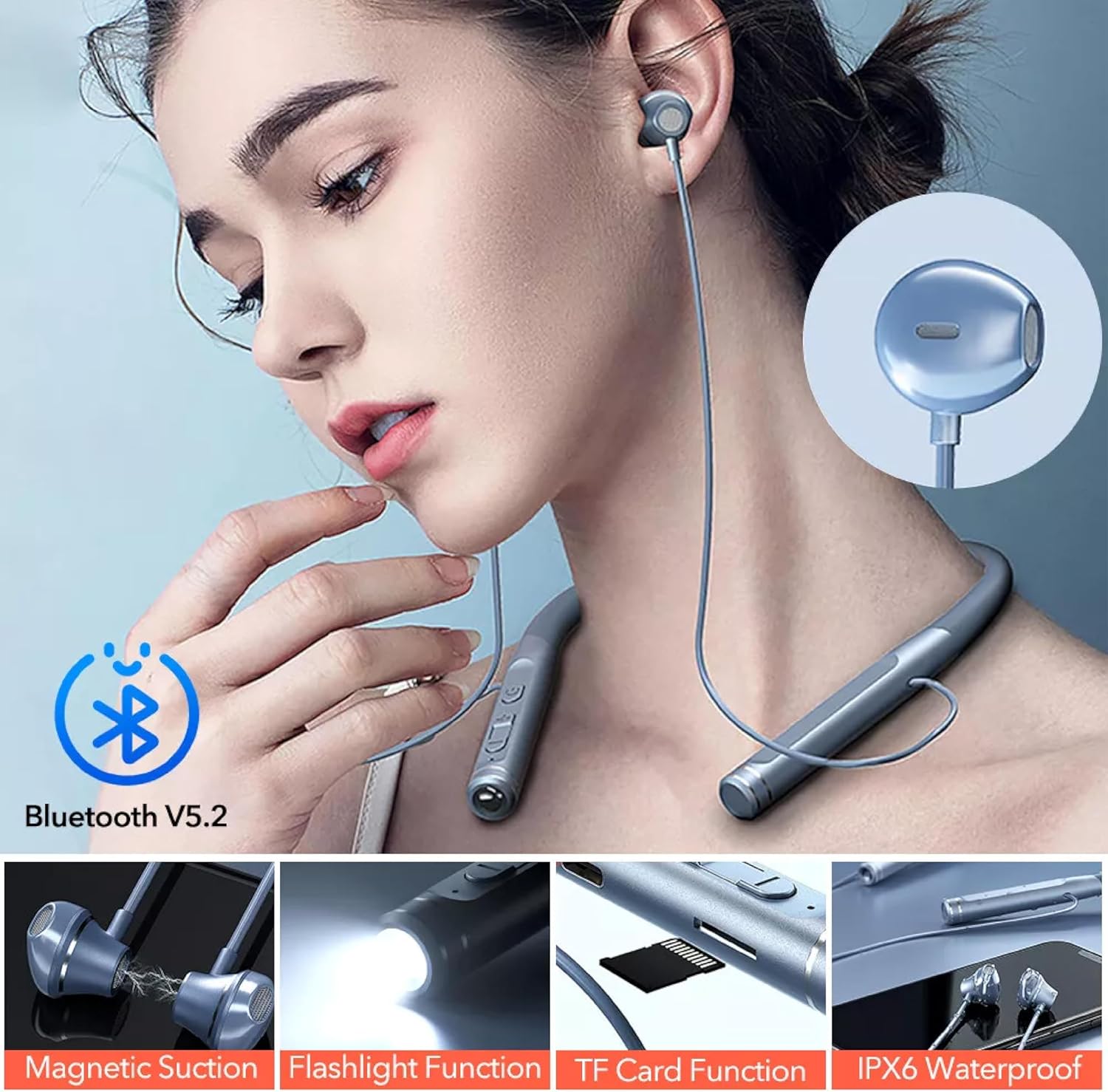 Wireless Neckband Earphones, Bluetooth 5.2, 120h Battery, TF Card Flashlight